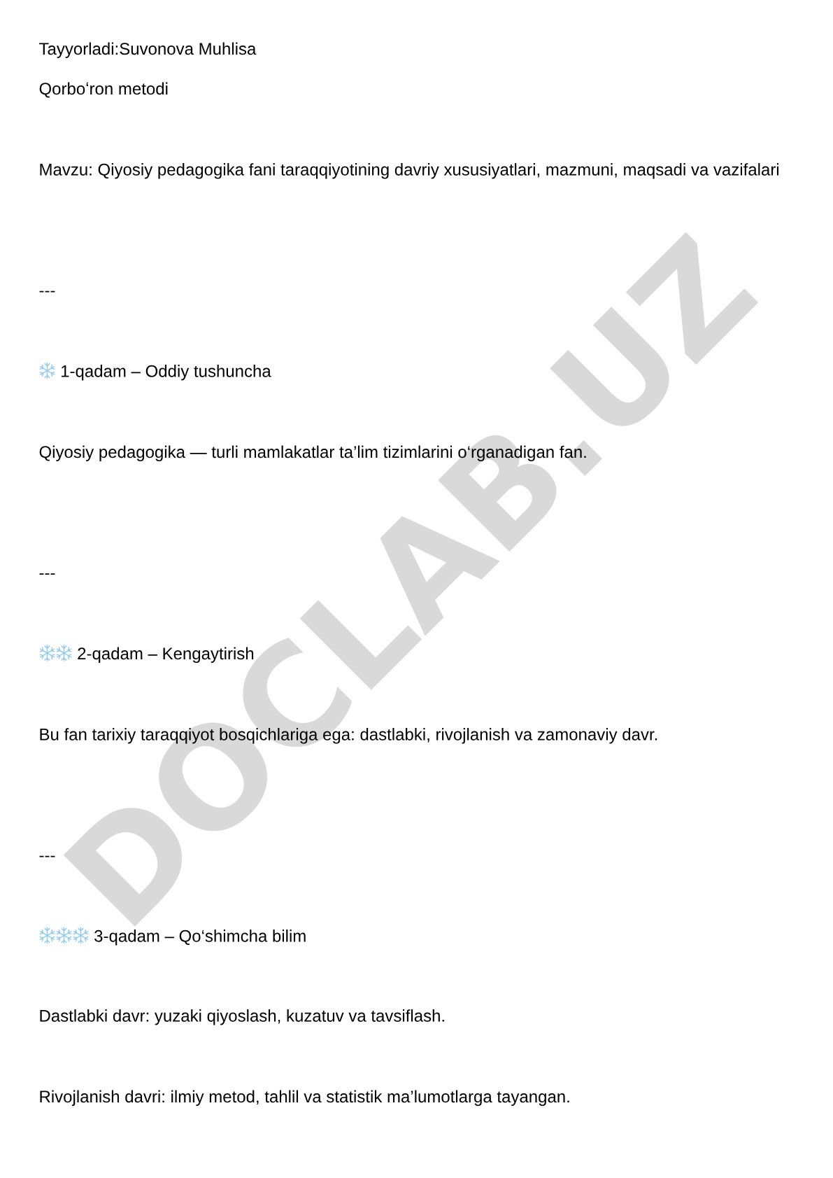 Qiyosiy pedagogika fani taraqqiyotining davriy xususiyatlari, mazmuni, maqsadi va vazifalari