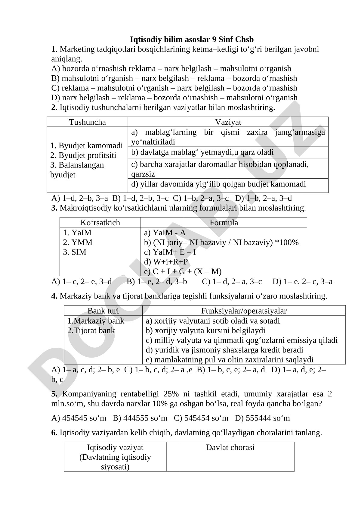 9-sinf Iqtisodiy bilim asoslar test savollari