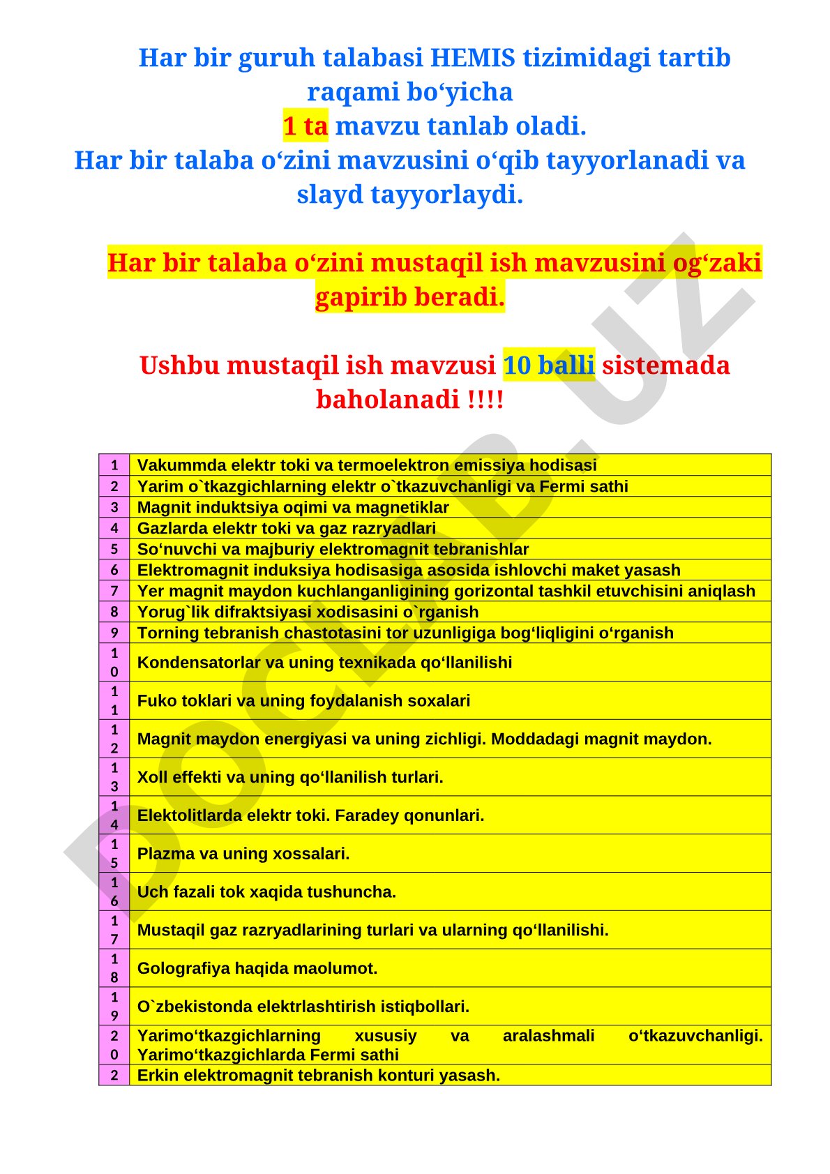 Fizika mustaqil ish mavzulari