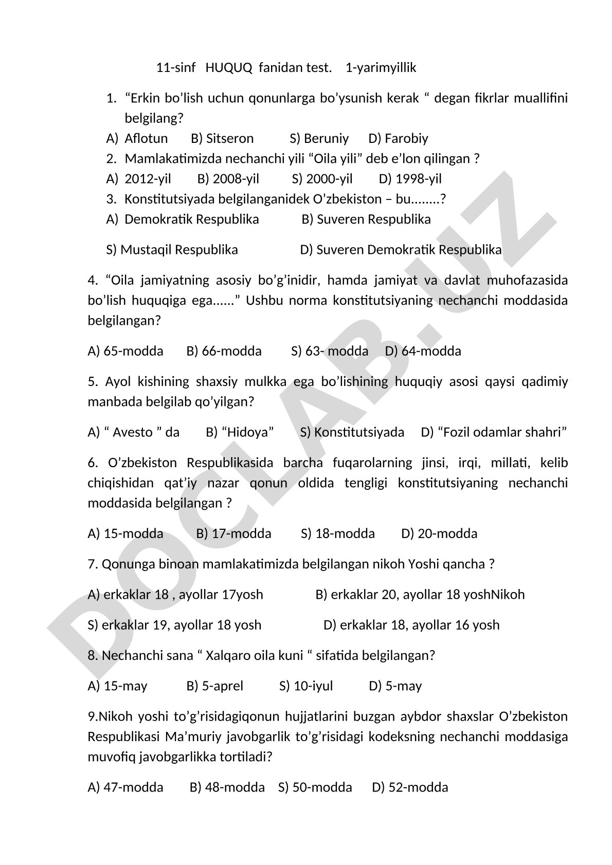 11-sinf huquq fanidan 1-yarimyillik test savollari