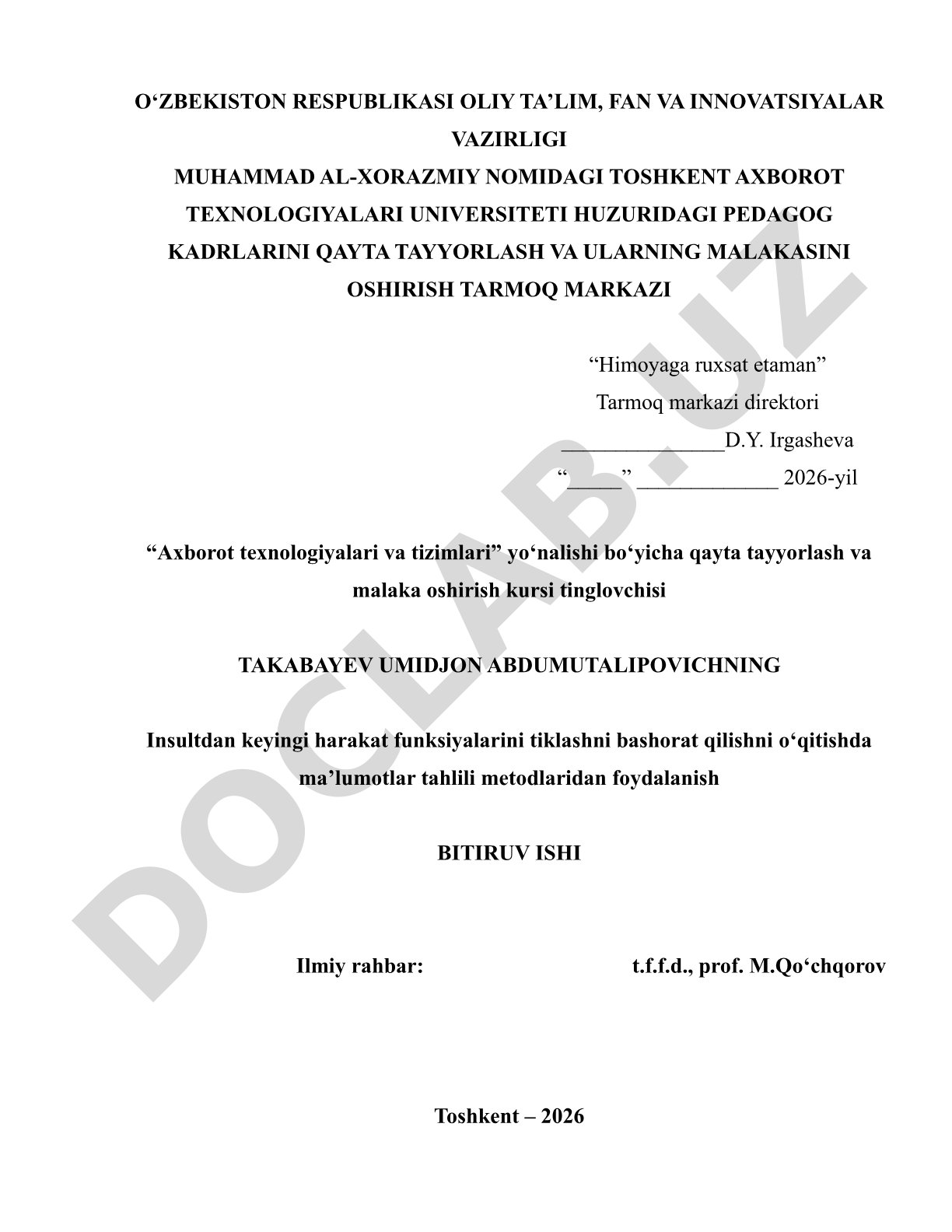 Insultdan keyingi harakat funksiyalarini tiklashni bashorat qilishni o‘qitishda ma’lumotlar tahlili metodlaridan foydalanish