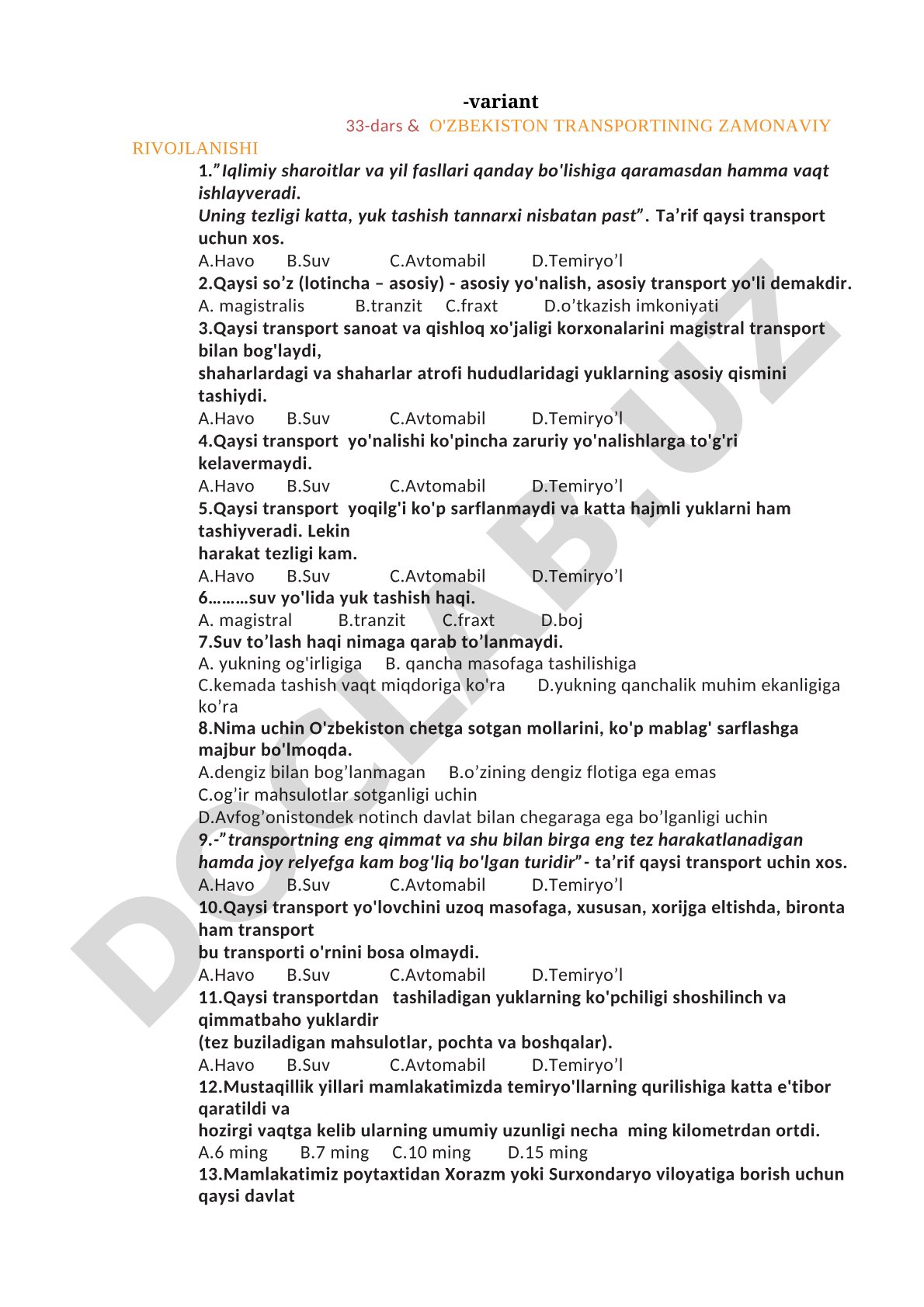 O'zbekiston transportining zamonaviy rivojlanishi