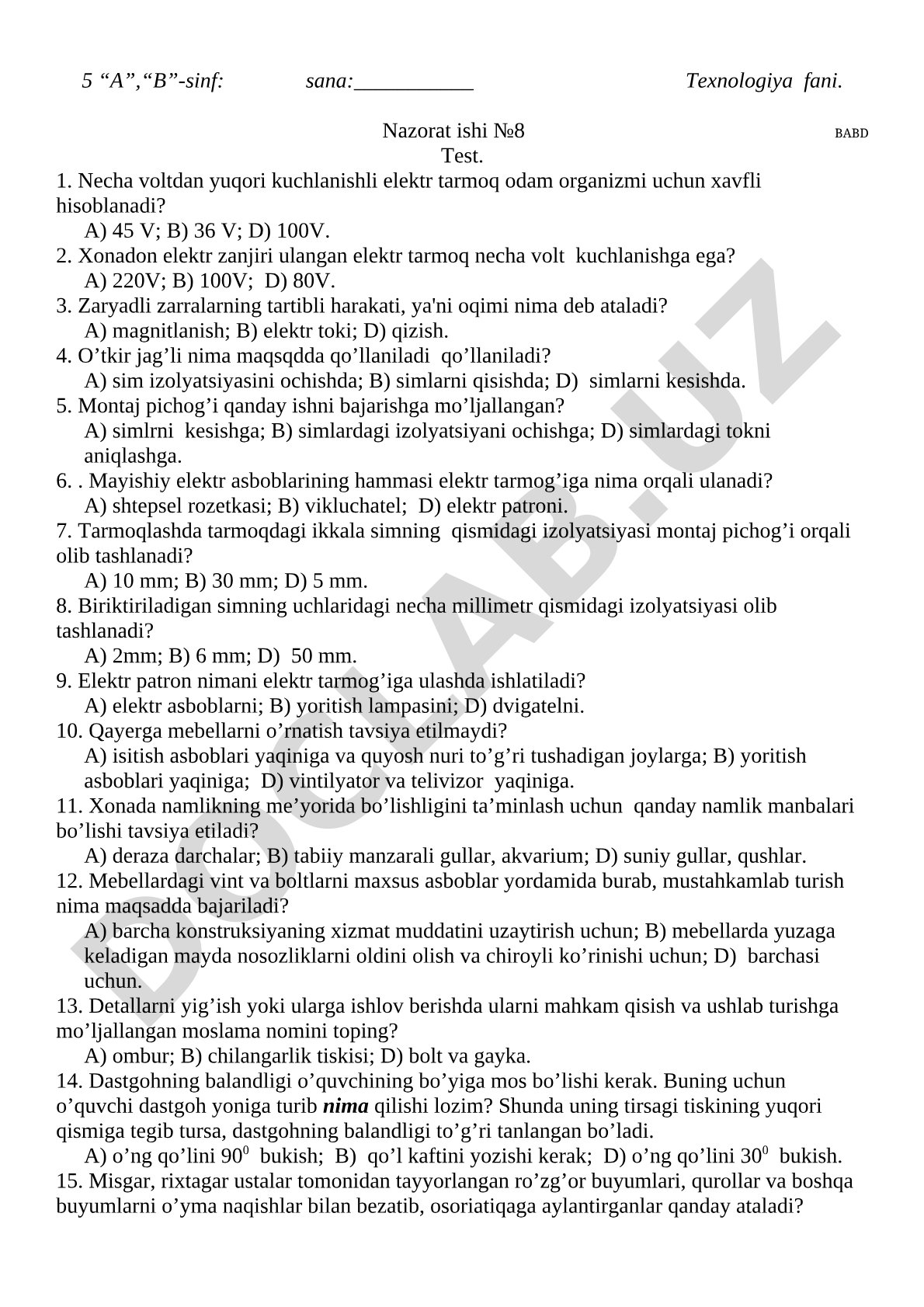 Texnologiya fanidan nazorat ishi №8 BABD test