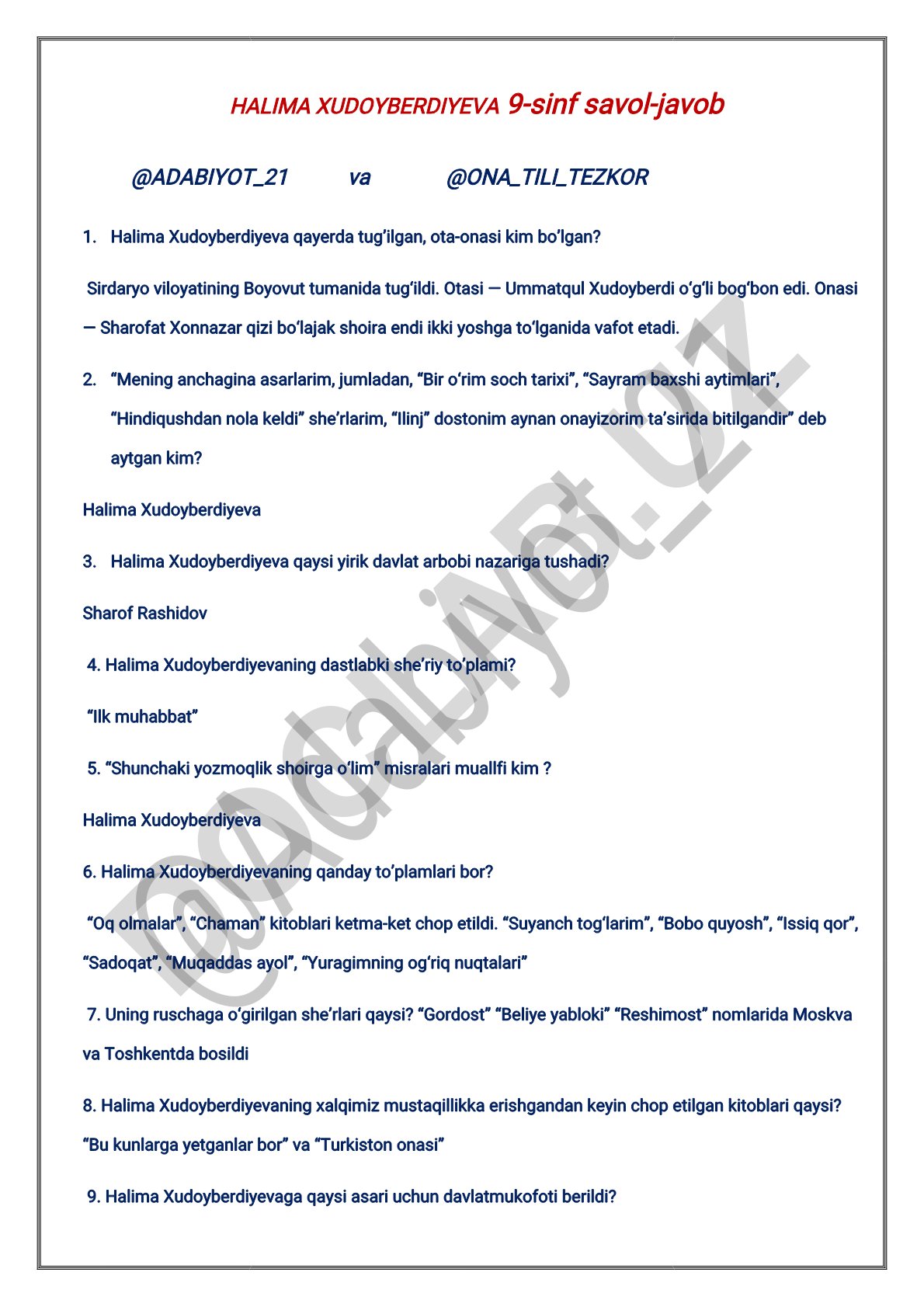 Halima Xudoyberdiyeva hayoti va ijodi haqida savol-javoblar