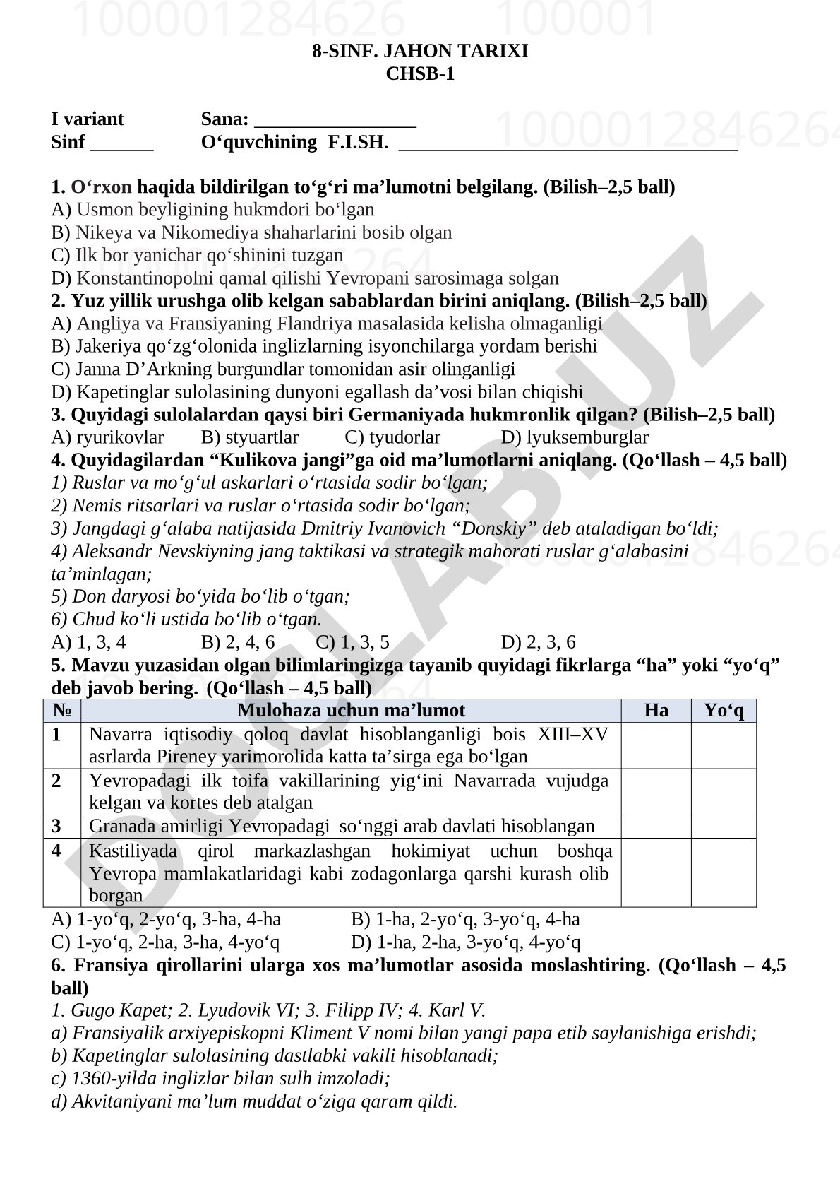 8-sinf jahon tarixi CHSB-1 test savollari