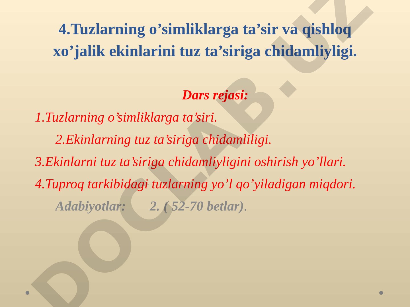 Tuzlarning o'simliklarga ta'siri va qishloq xo'jalik ekinlarini tuz ta'siriga chidamliligi