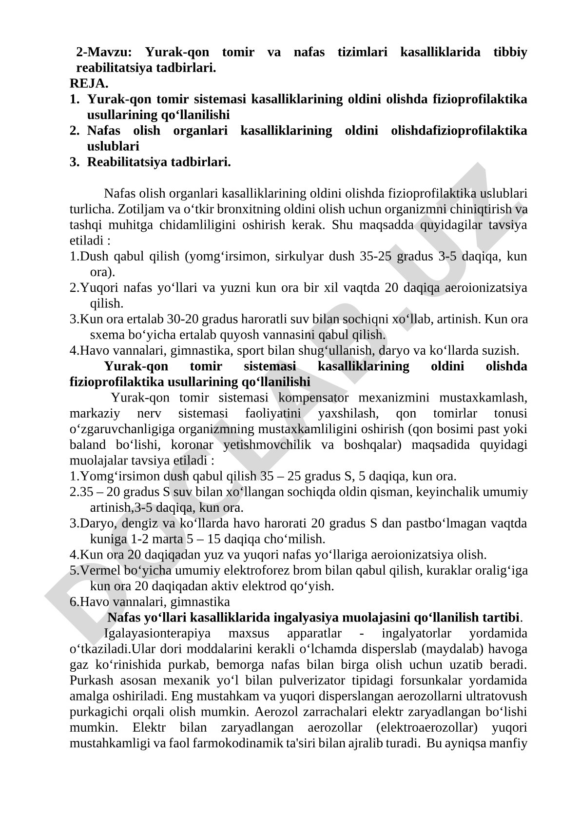 Yurak-qon tomir va nafas tizimlari kasalliklarida tibbiy reabilitatsiya tadbirlari