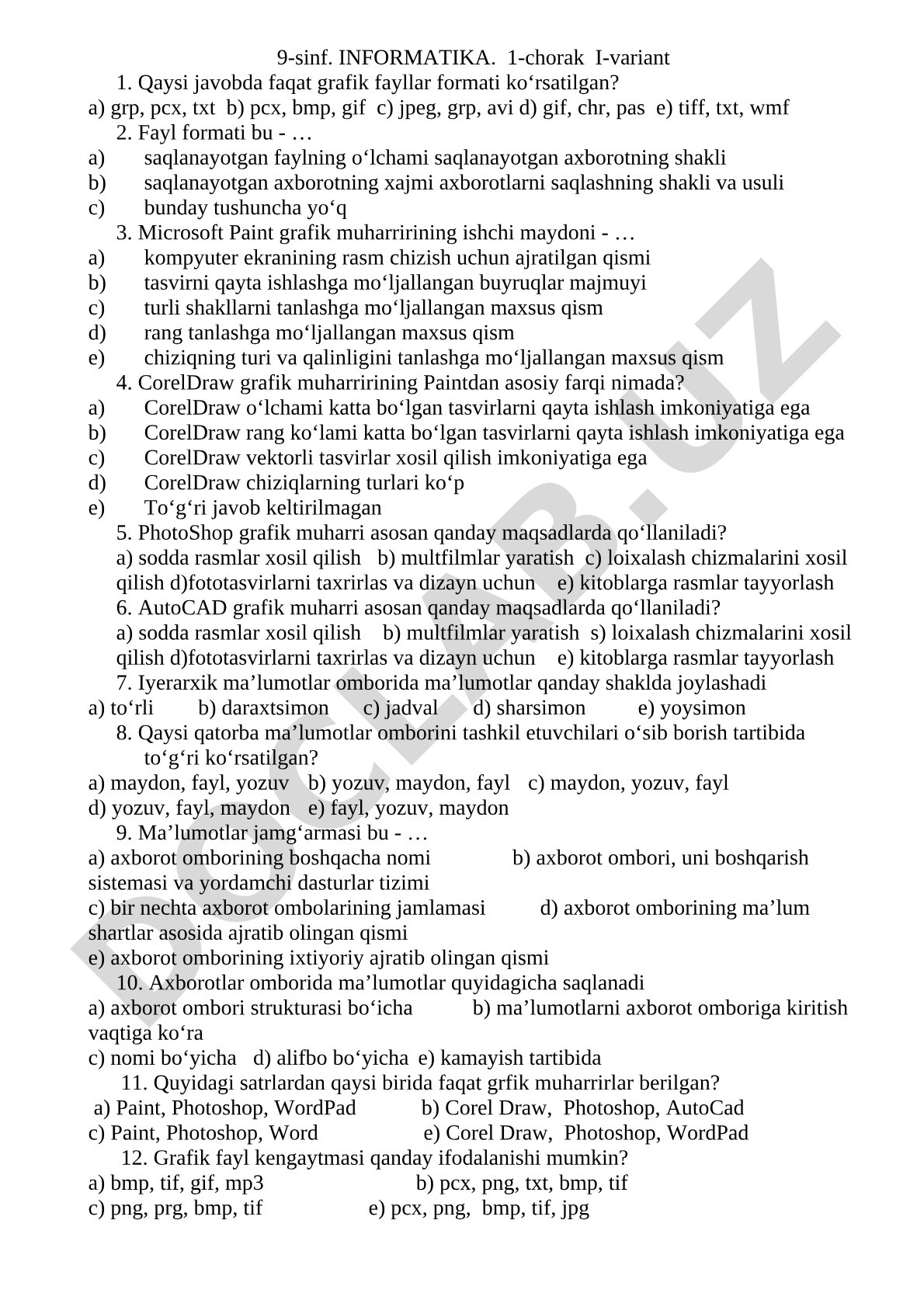 9-sinf informatika 1-chorak I-variant test