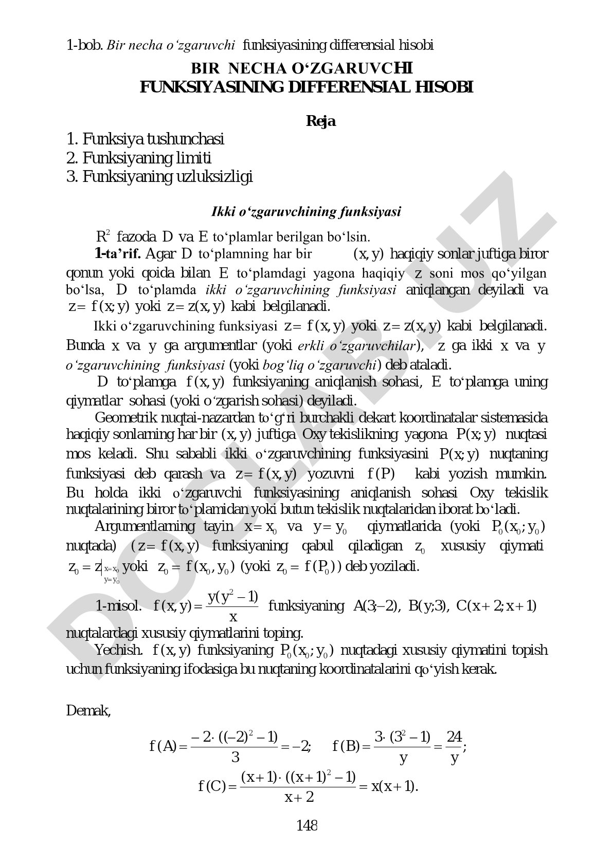 Bir necha o‘zgaruvchi funksiyasining differensial hisobi