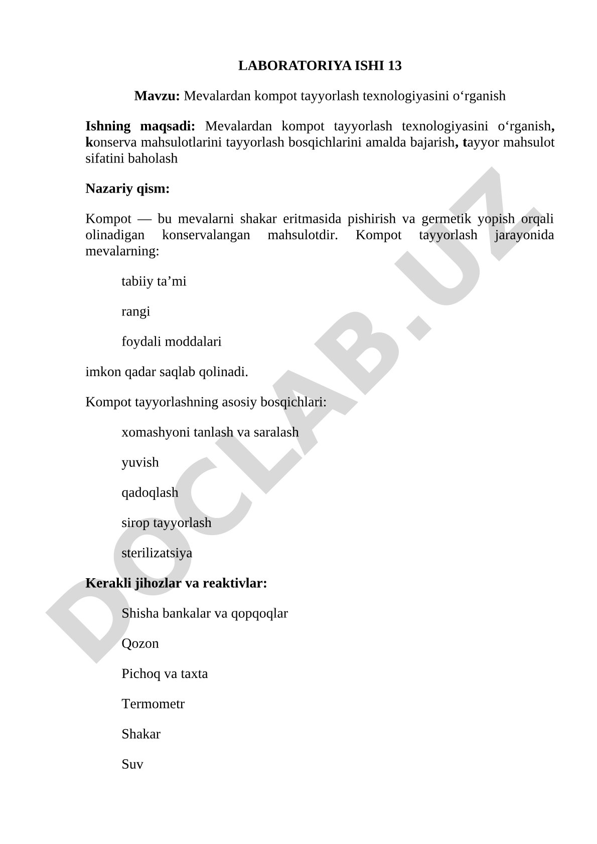 Mevalardan kompot tayyorlash texnologiyasini o'rganish