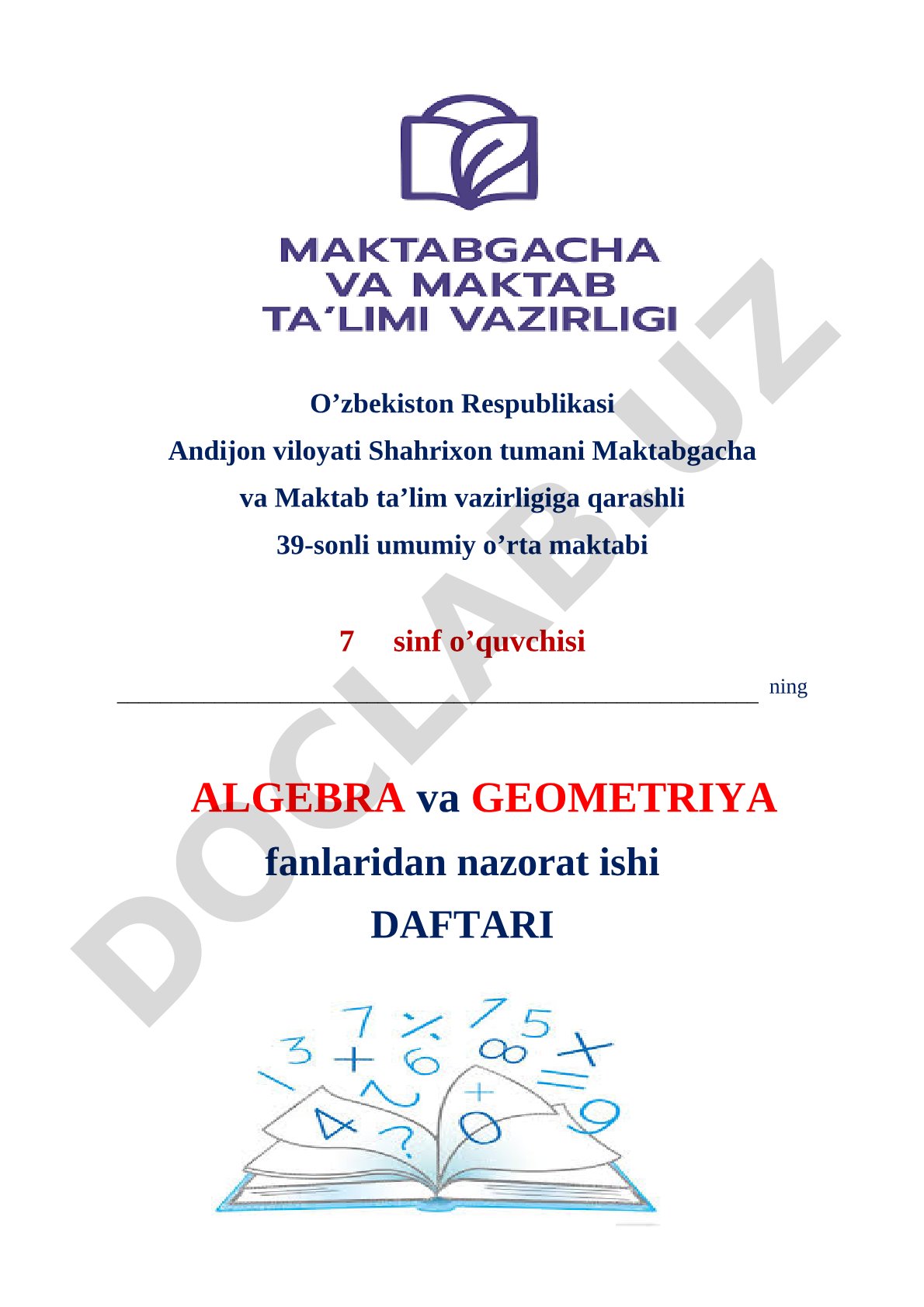 7-sinf algebra va geometriya nazorat ishi daftari