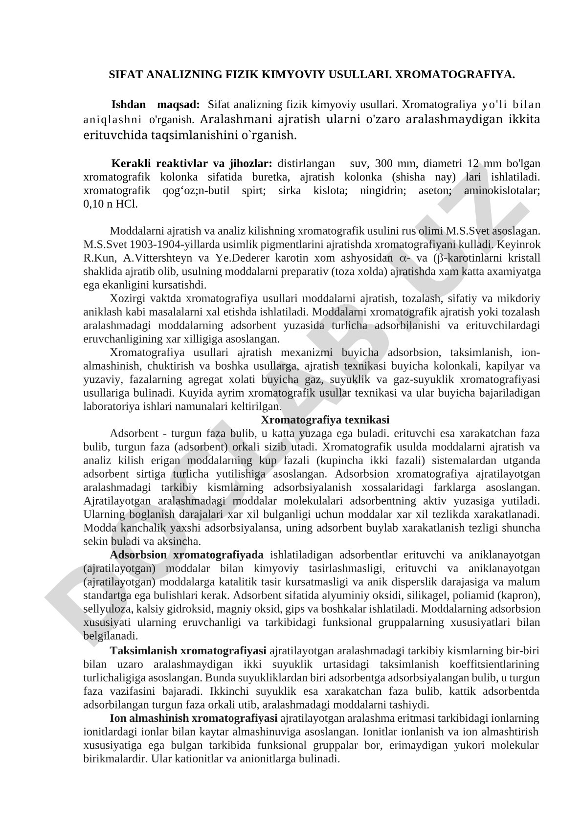Sifat analizning fizik kimyoviy usullari. Xromatografiya.