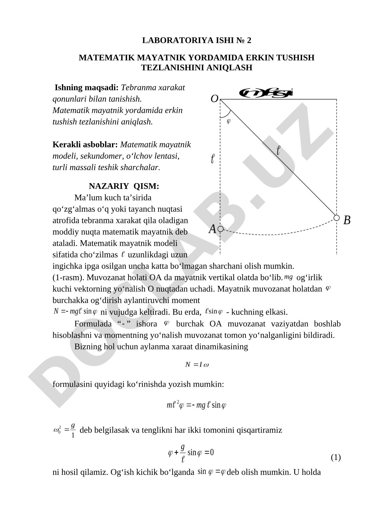 Matematik mayatnik yordamida erkin tushish tezlanishini aniqlash