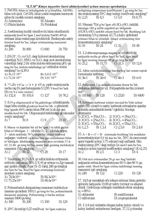 Kimyo fanidan test savollari to'plami