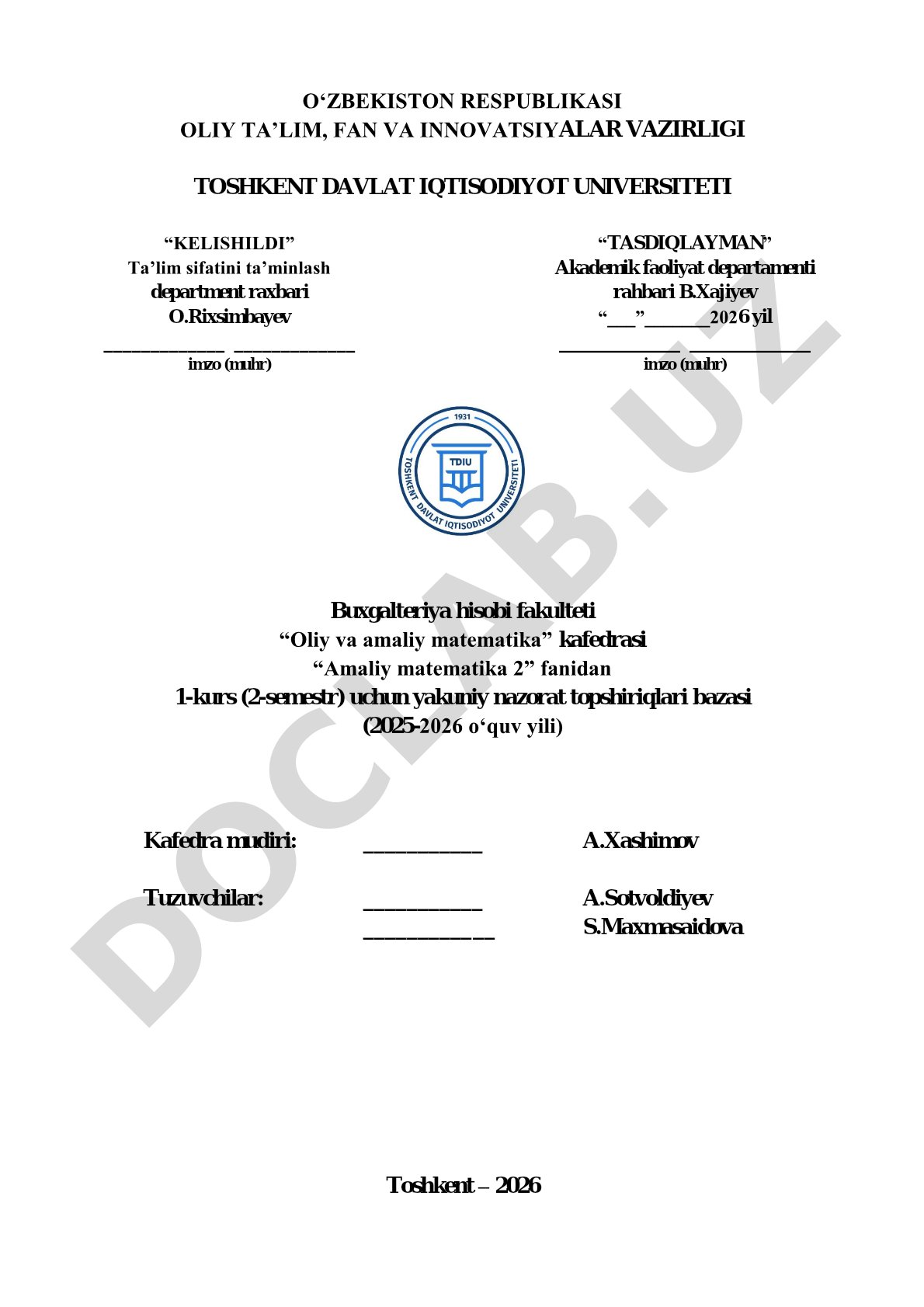 Amaliy matematika 2 fanidan yakuniy nazorat topshiriqlari bazasi