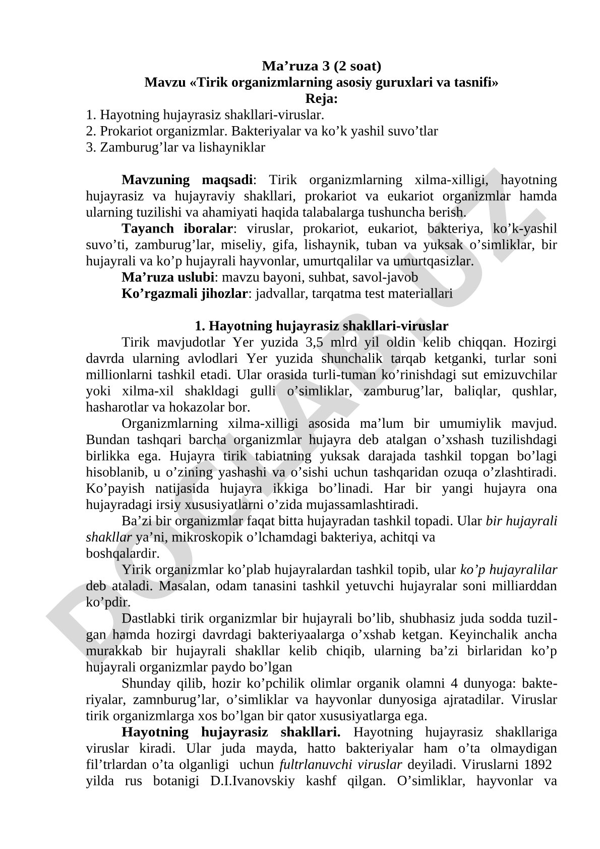 Tirik organizmlarning asosiy guruxlari va tasnifi