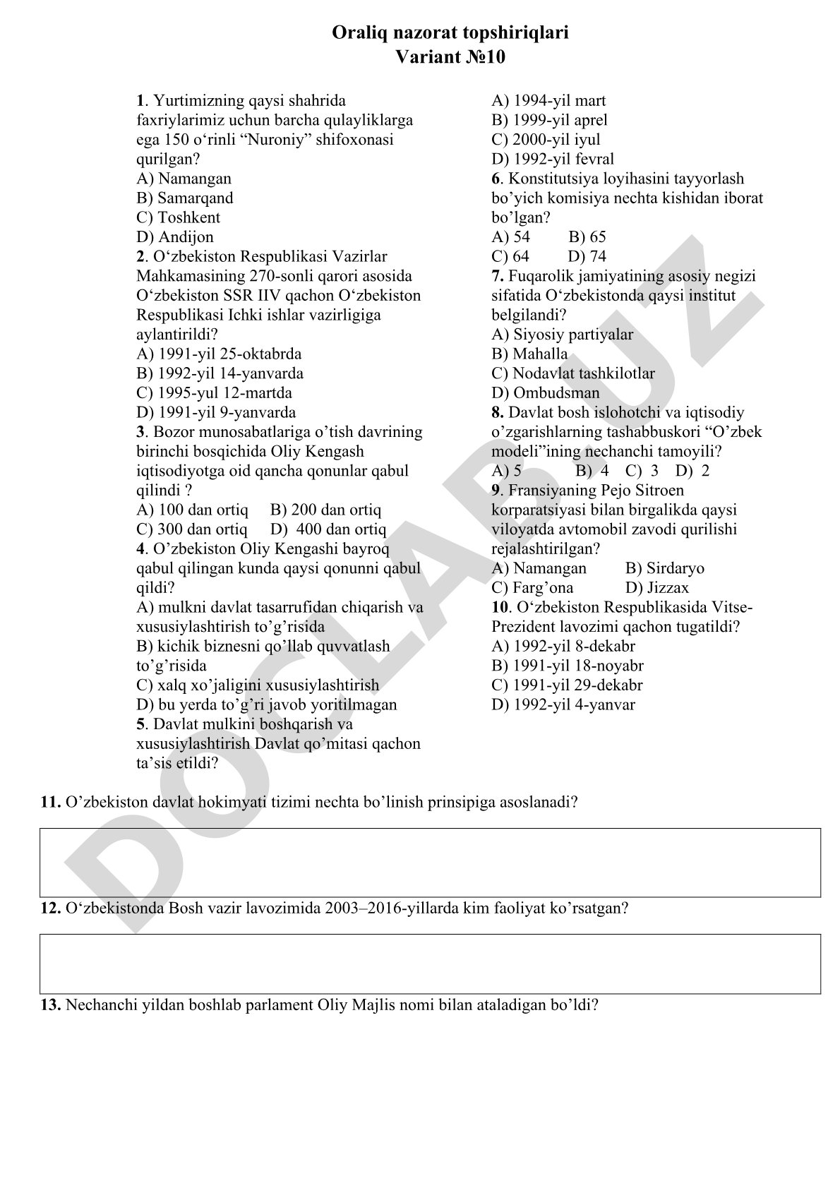 O'zbekiston tarixi va qonunchiligi bo'yicha test savollari