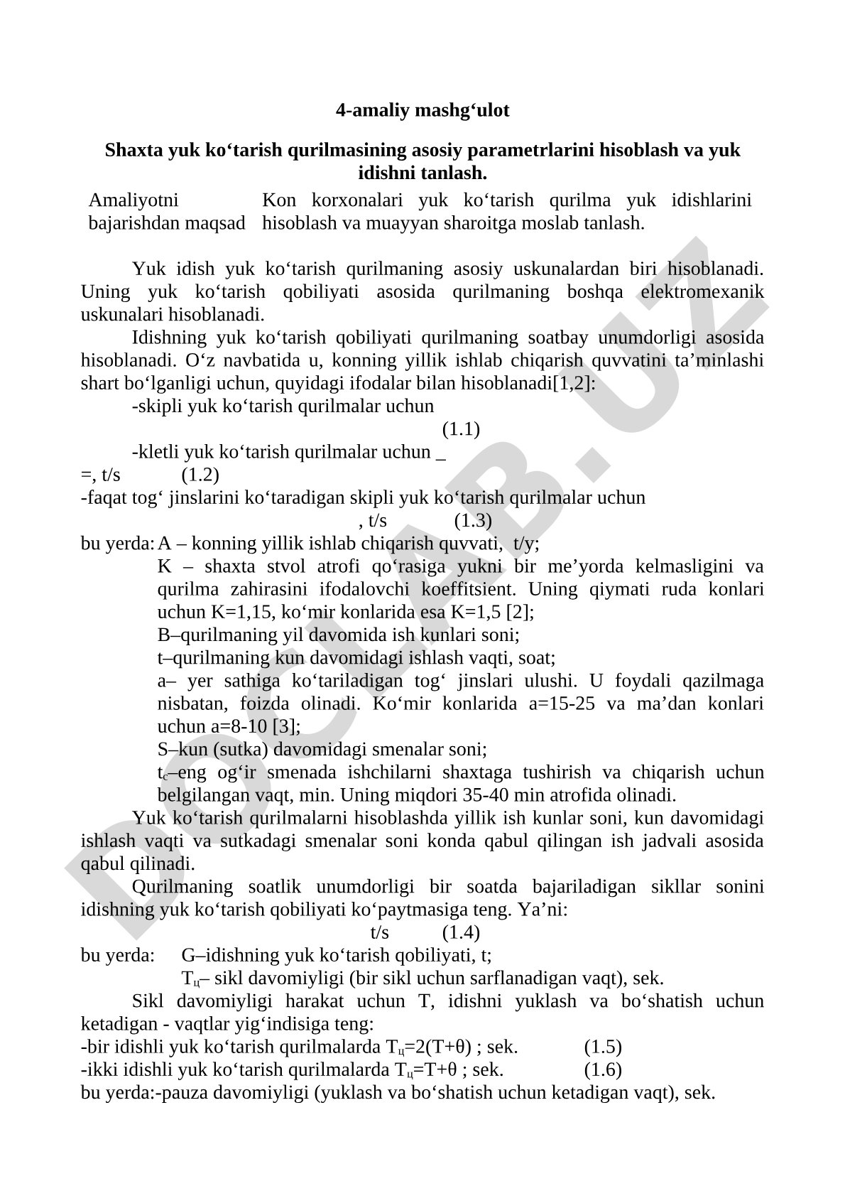Shaxta yuk ko‘tarish qurilmasining asosiy parametrlarini hisoblash va yuk idishni tanlash