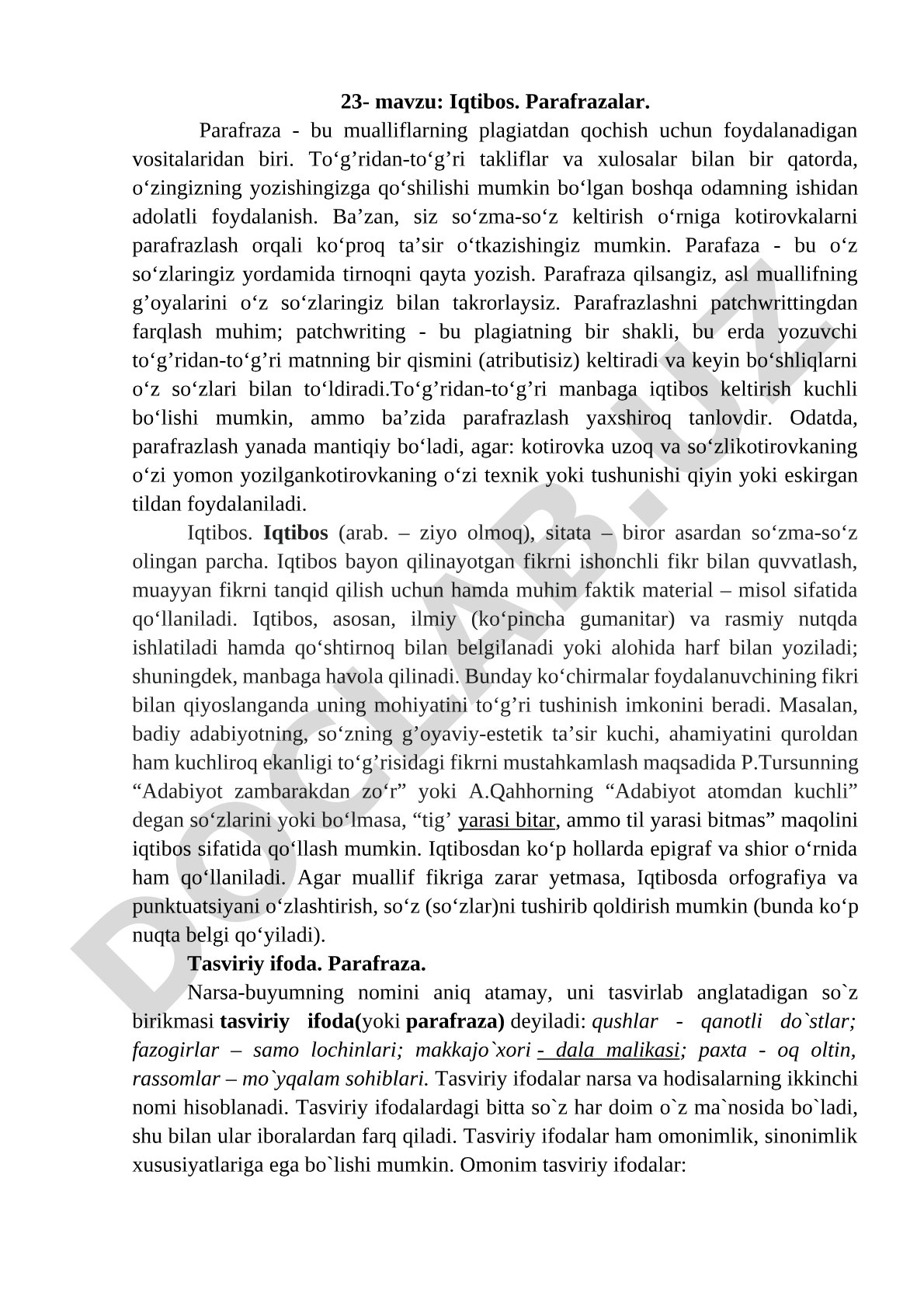 Iqtibos va parafraza tushunchalari, ularning farqlari va qo'llanilishi haqida ma'lumot