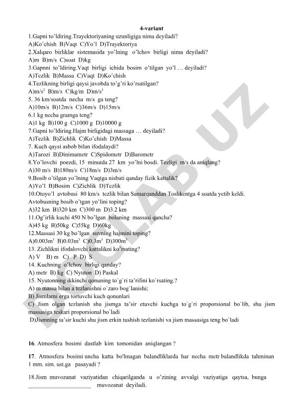 Fizika fanidan test savollari va masalalar