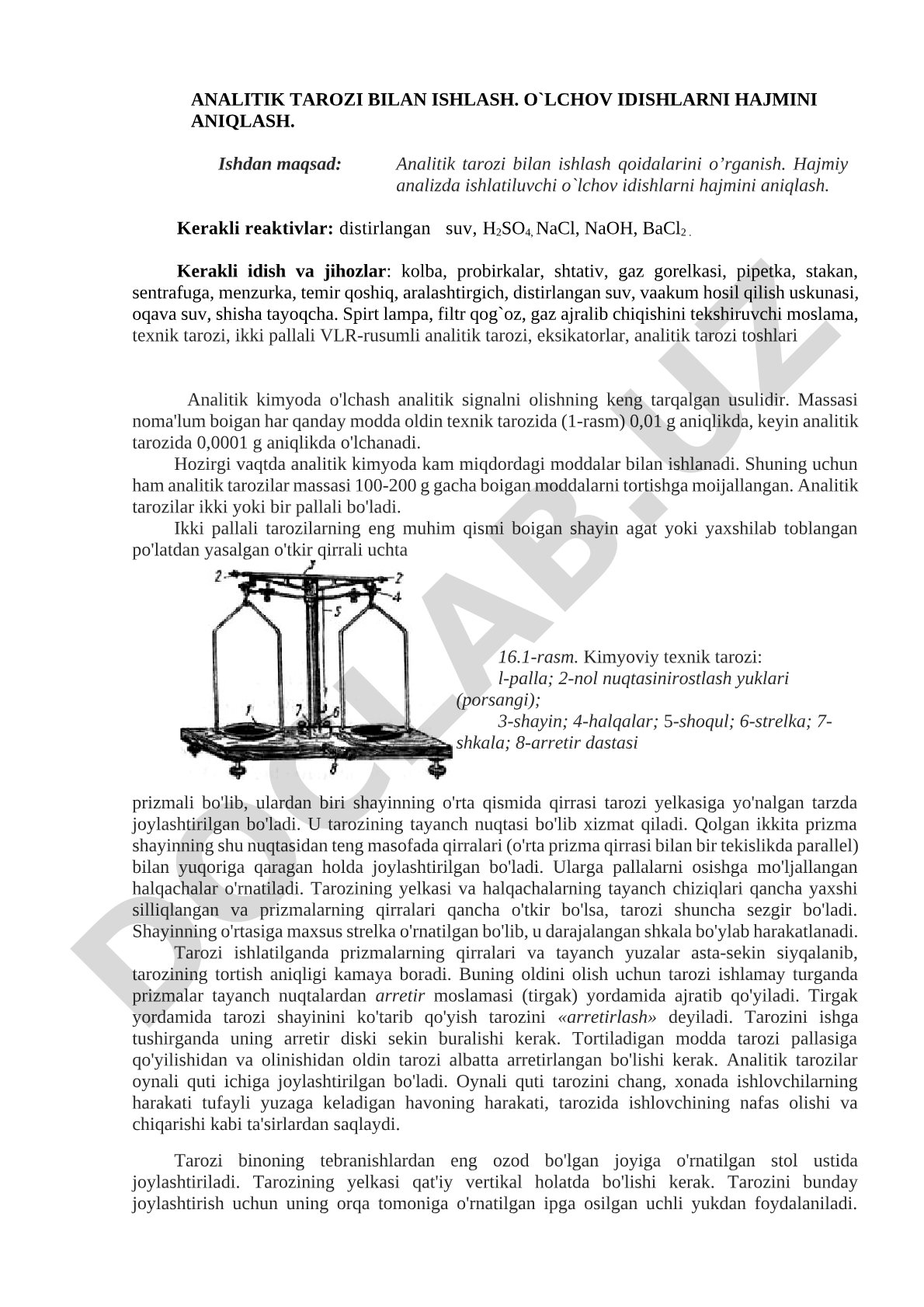 Analitik tarozi bilan ishlash. O`lchov idishlarni hajmini aniqlash.