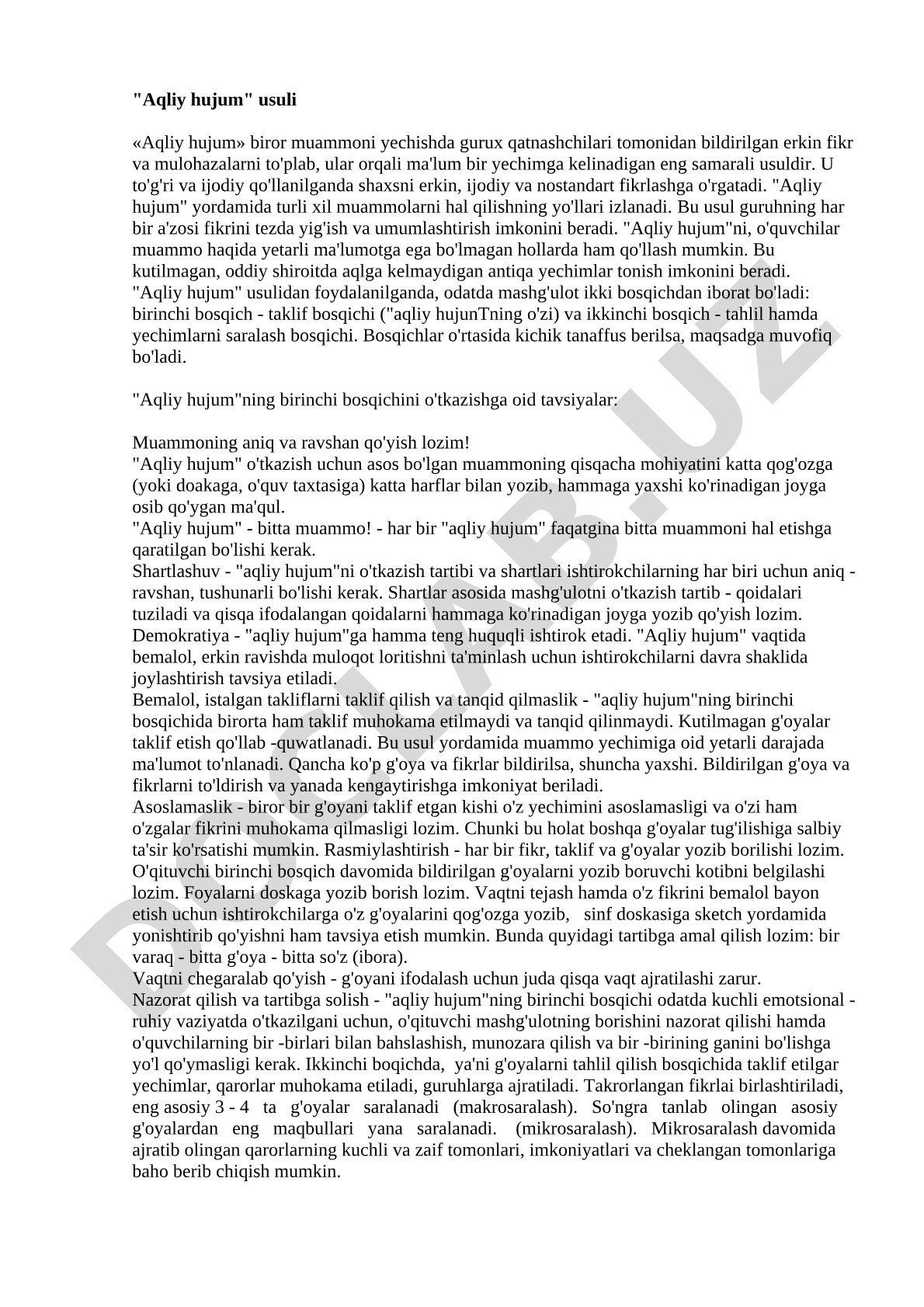 Aqliy hujum usulining mohiyati, bosqichlari va qo'llash tavsiyalari