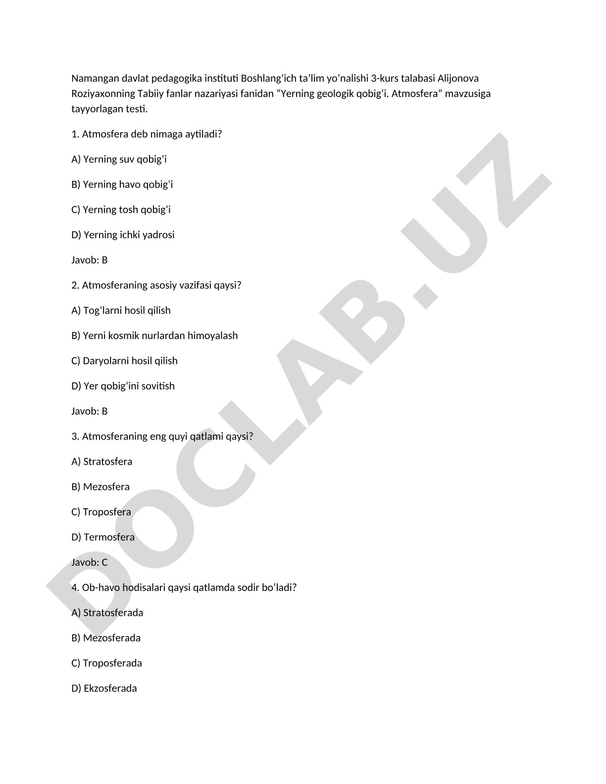 Yerning geologik qobig‘i. Atmosfera
