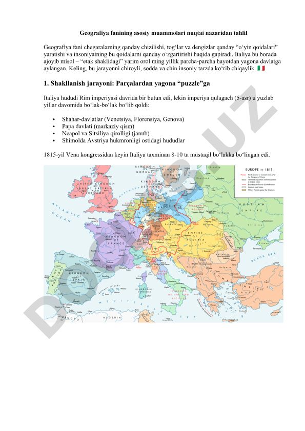 Italiyaning geografik shakllanishi va milliy birlashish jarayoni