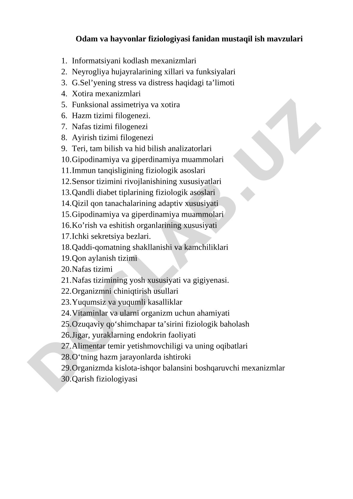 Odam va hayvonlar fiziologiyasi fanidan mustaqil ish mavzulari