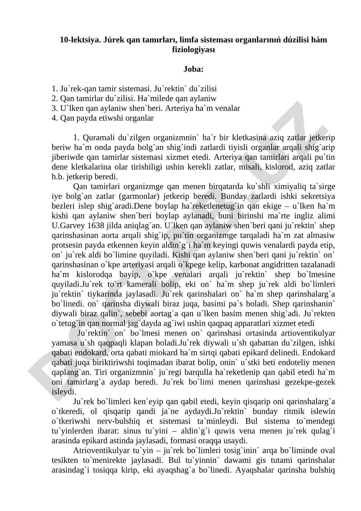 Júrek qan tamırları, limfa sisteması organlarınıń dúzilisi hám fiziologiyası