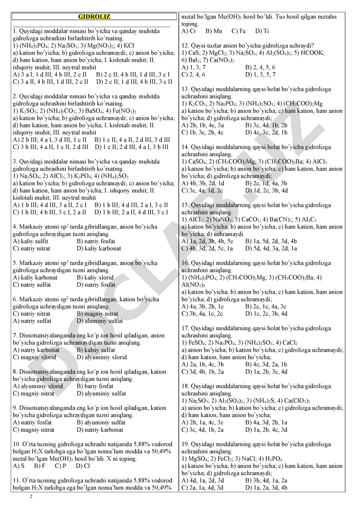 Gidrolizga oid kimyoviy test savollari