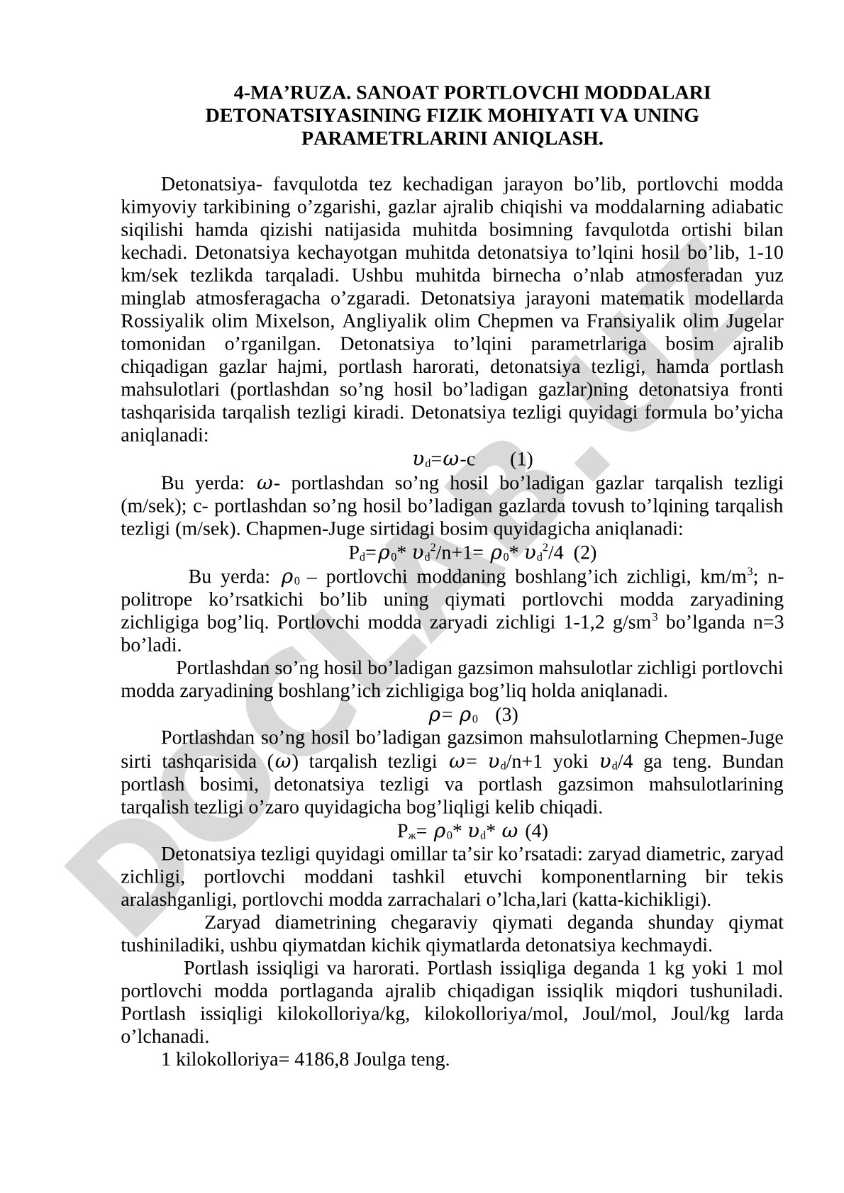 Sanoat portlovchi moddalari detonatsiyasining fizik mohiyati va uning parametrlarini aniqlash