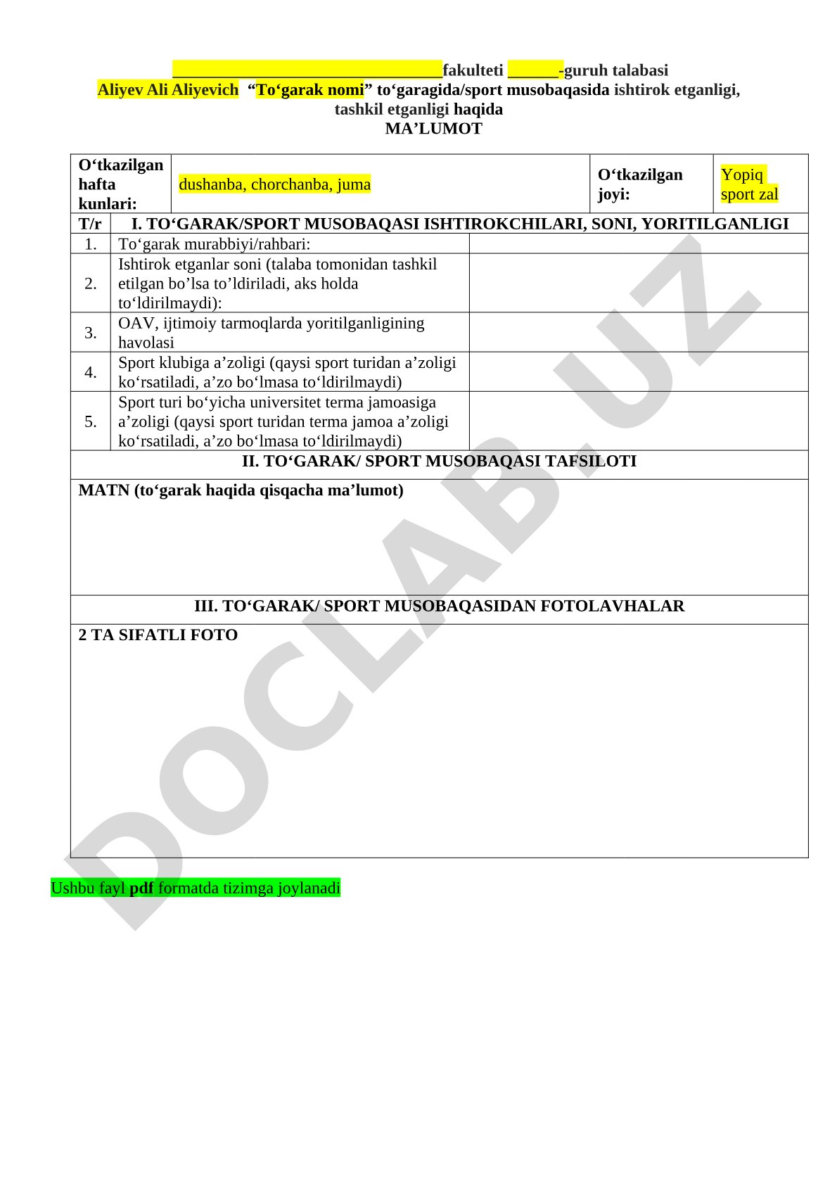 To‘garak va sport musobaqasi ishtiroki haqida ma’lumot