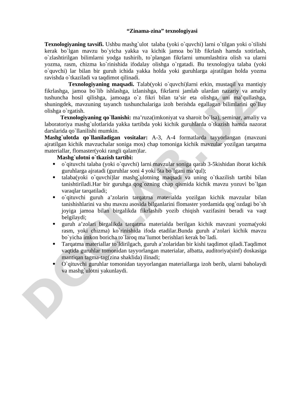 Zinama-zina texnologiyasining maqsadi, qo'llanishi va vositalari tavsifi
