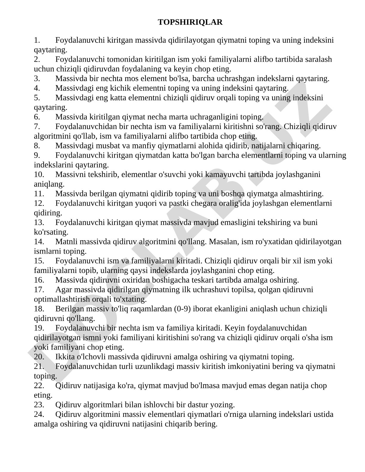 Chiziqli qidiruv algoritmiga oid topshiriqlar