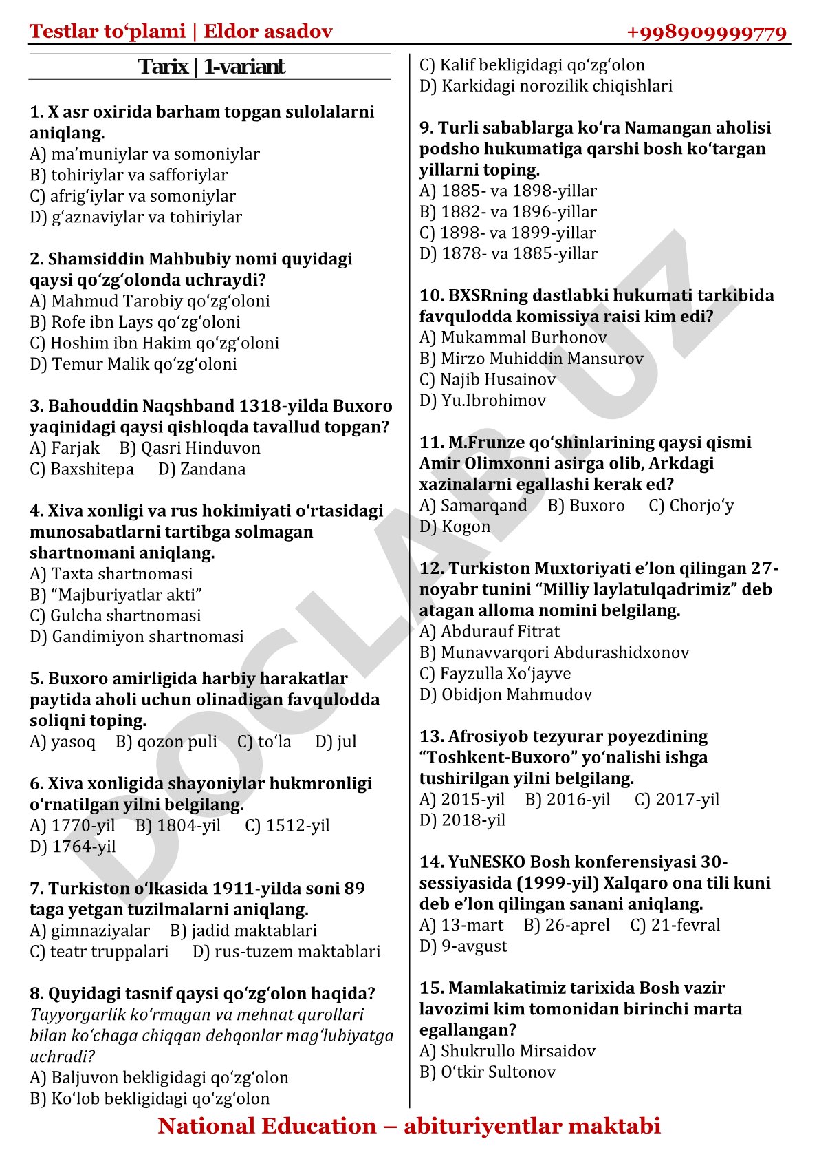 Tarix fanidan abituriyentlar uchun testlar to‘plami