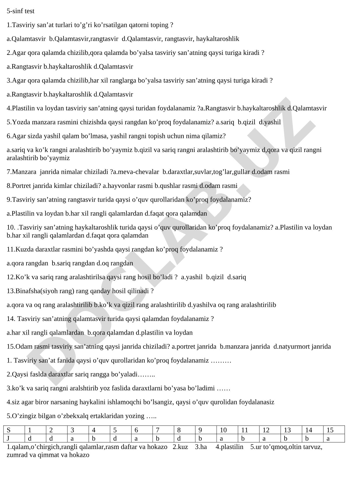5-sinf tasviriy san’at test