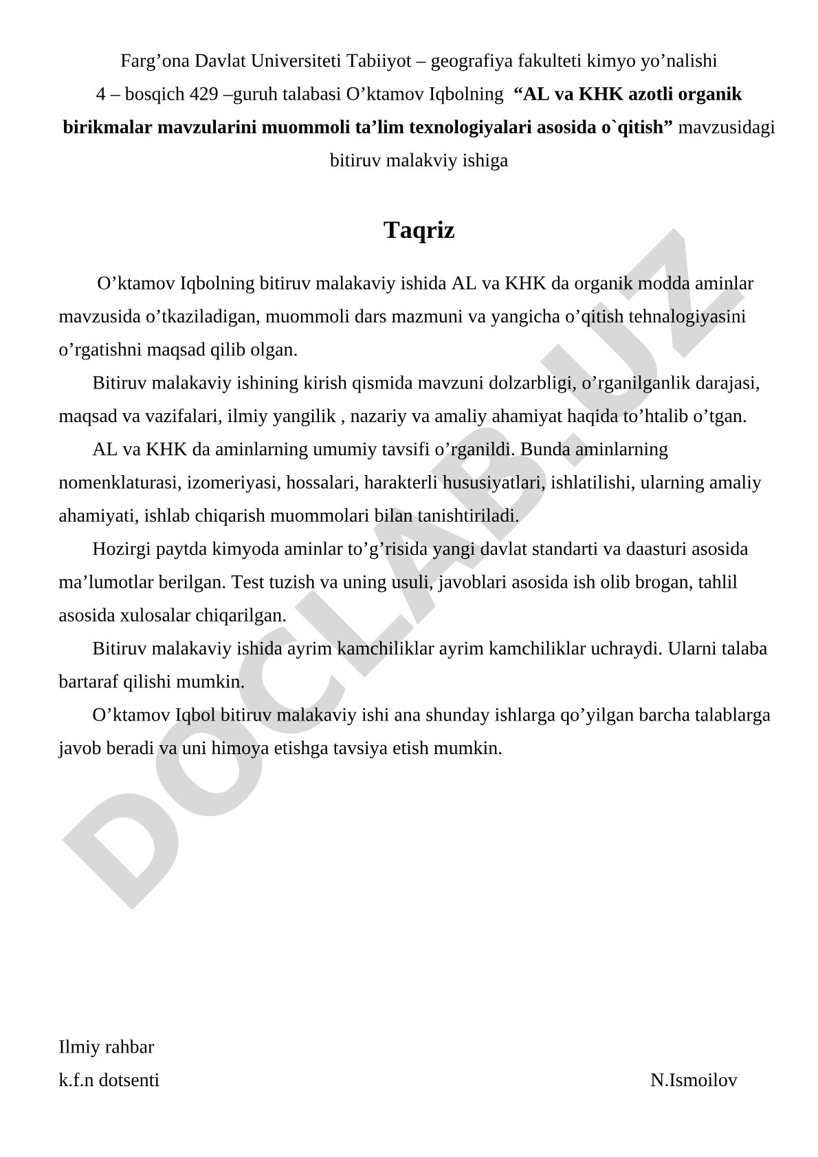 AL va KHK azotli organik birikmalar mavzularini muommoli ta’lim texnologiyalari asosida o`qitish