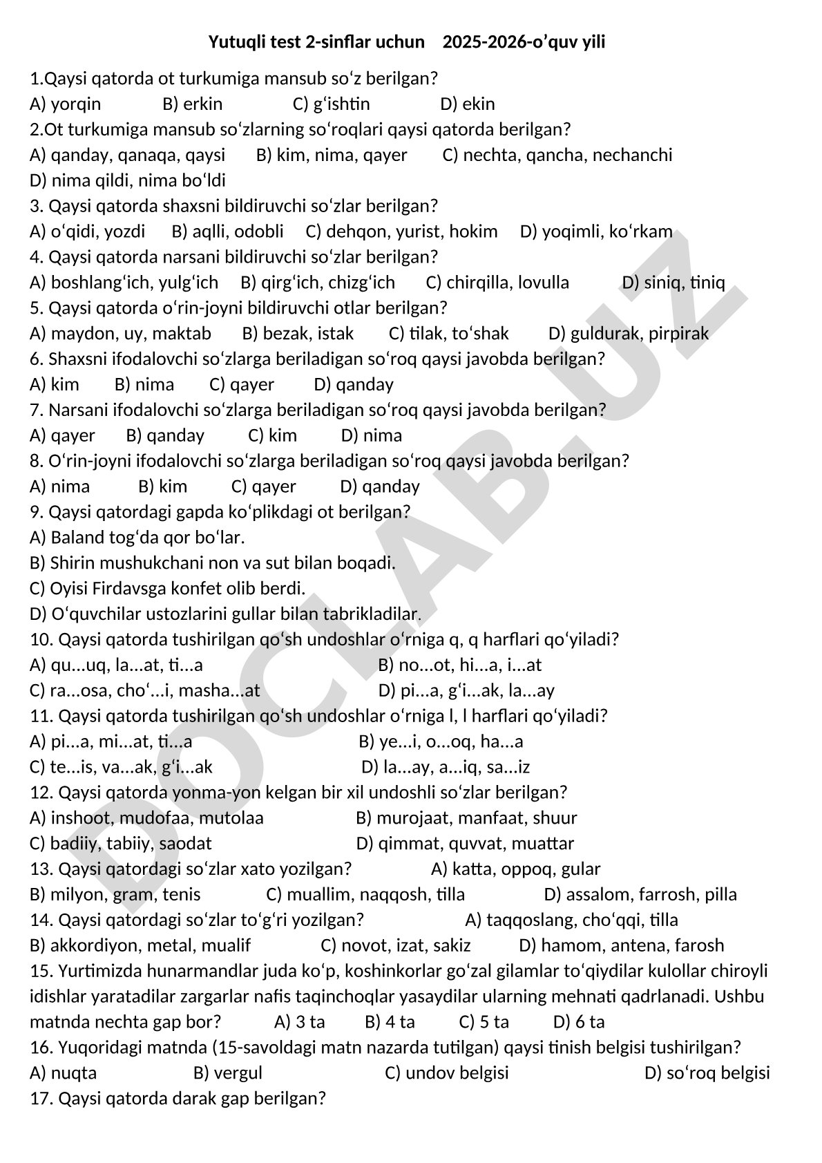 2-sinf uchun ot turkumi bo'yicha test