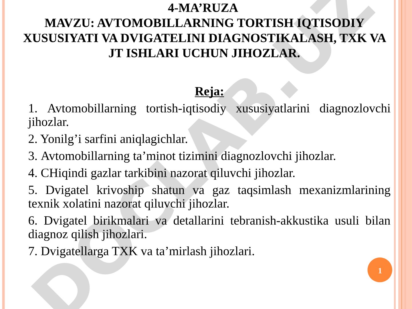 Avtomobillarning tortish iqtisodiy xususiyati va dvigatelini diagnostikalash, TXK va JT ishlari uchun jihozlar