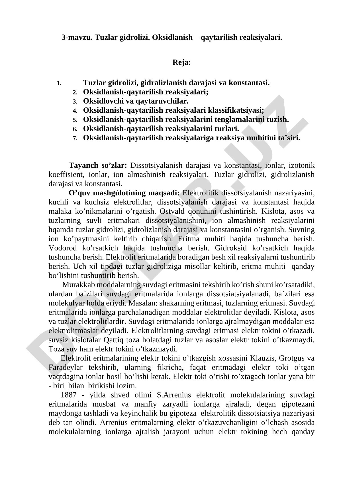 Tuzlar gidrolizi. Oksidlanish – qaytarilish reaksiyalari.