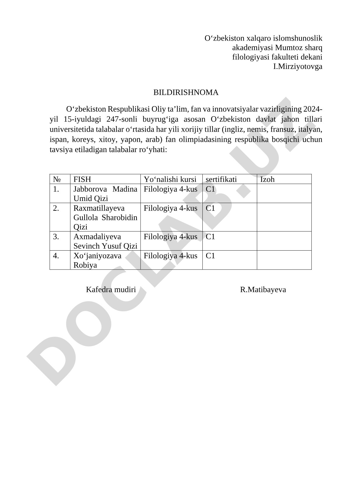 Xorijiy tillar fan olimpiadasi uchun tavsiya etiladigan talabalar ro‘yxati