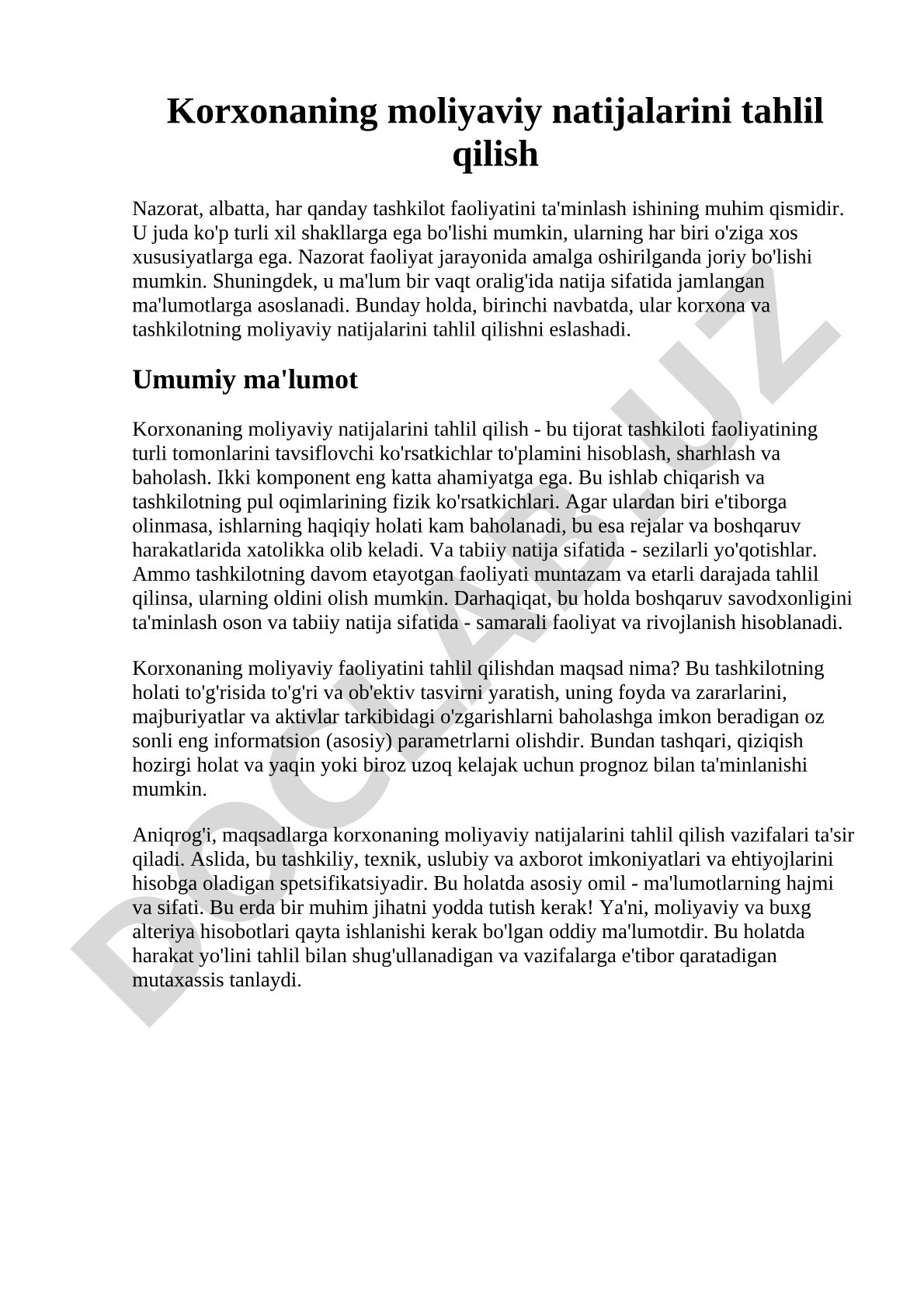 Korxonaning moliyaviy natijalarini tahlil qilish