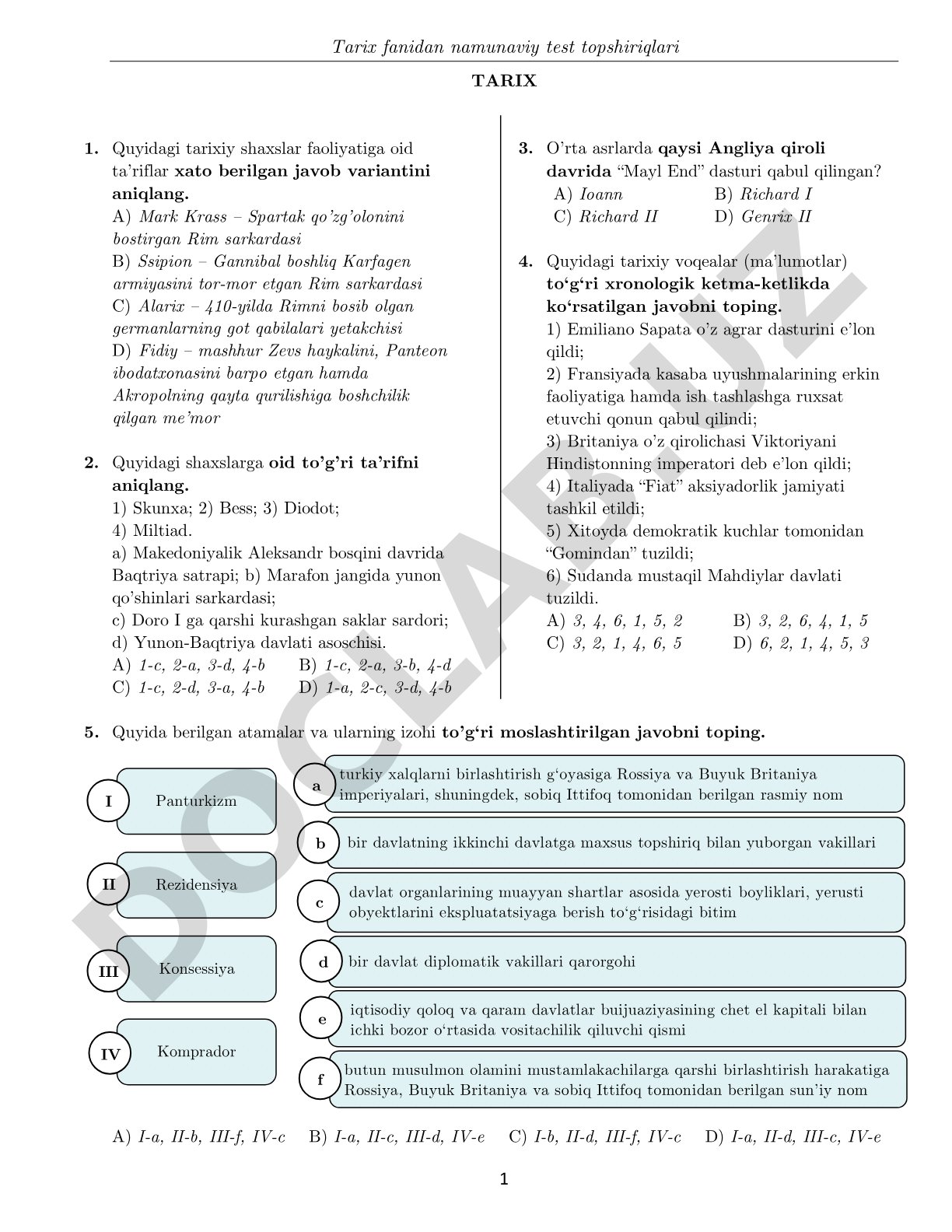 Tarix fanidan namunaviy test topshiriqlari