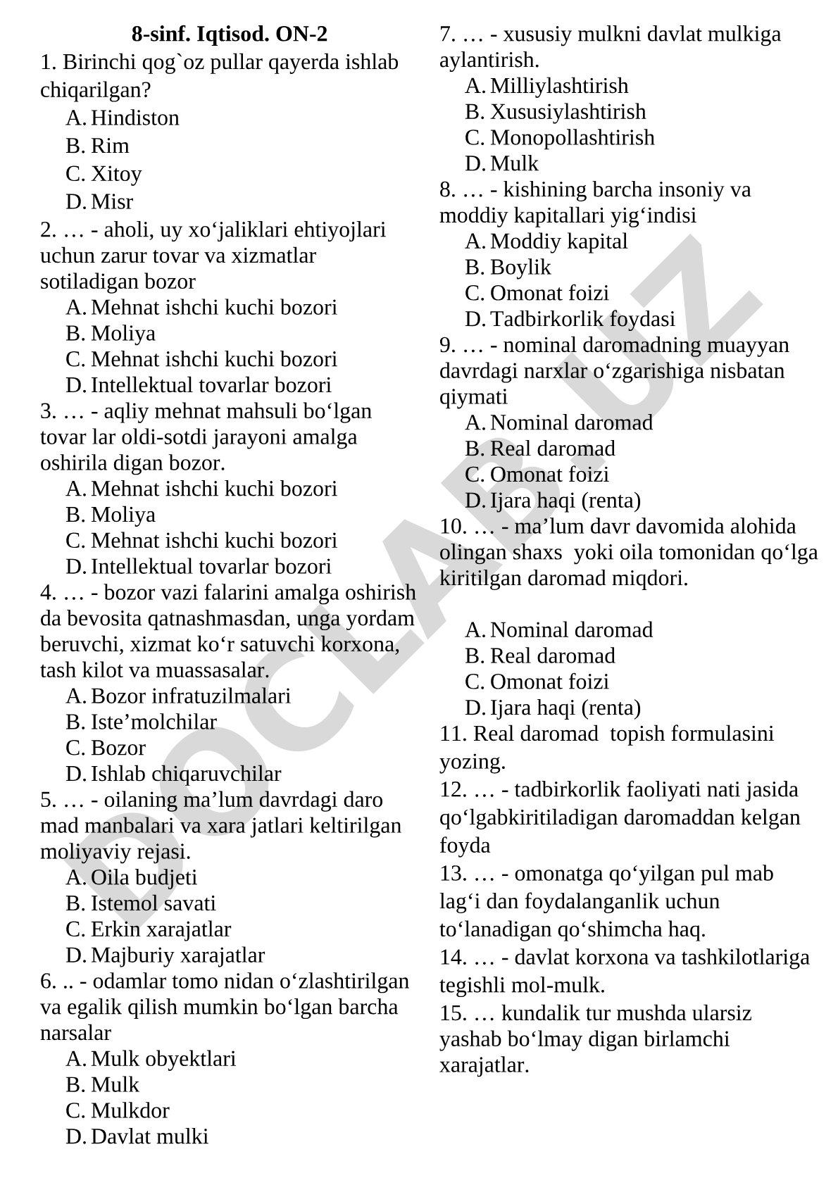8-sinf Iqtisod ON-2 test savollari