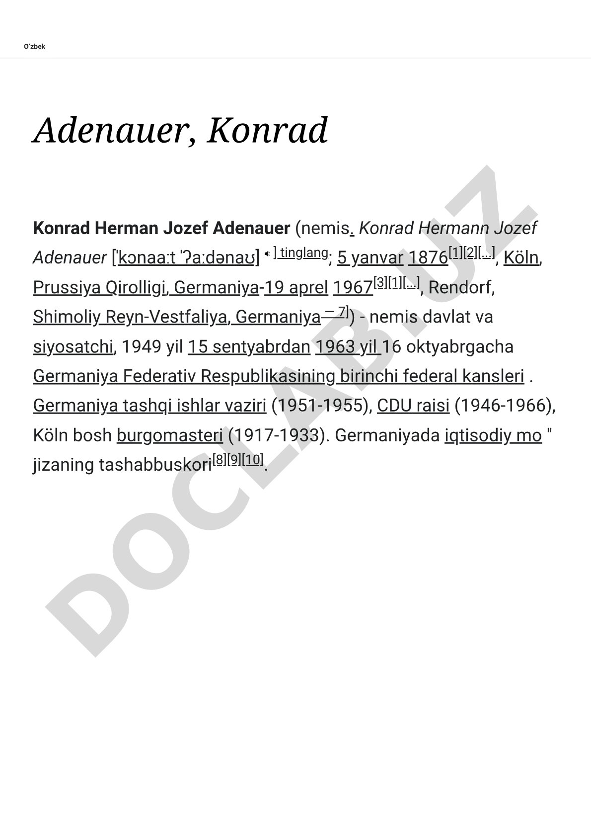 Konrad Adenauer hayoti va siyosiy faoliyati haqida ma'lumot