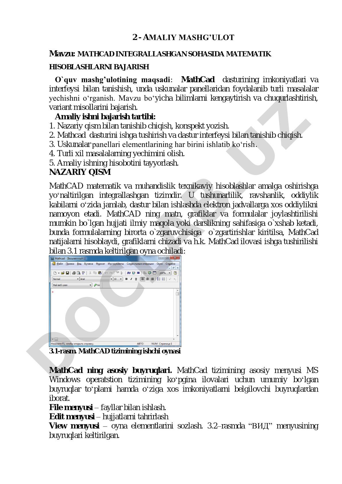 MATHCAD INTEGRALLASHGAN SOHASIDA MATEMATIK HISOBLASHLARNI BAJARISH