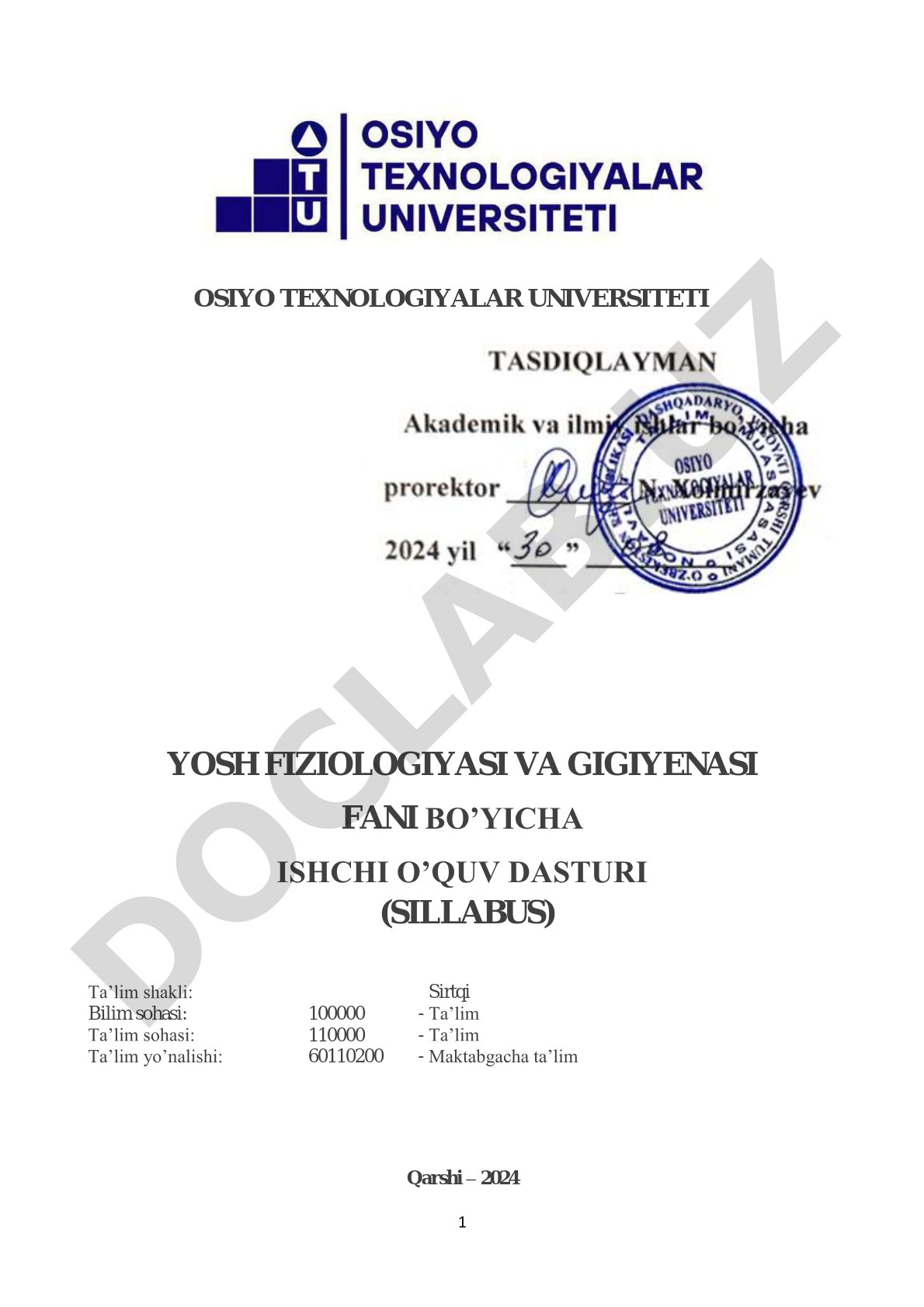 Yosh fiziologiyasi va gigiyenasi fani bo'yicha ishchi o'quv dasturi