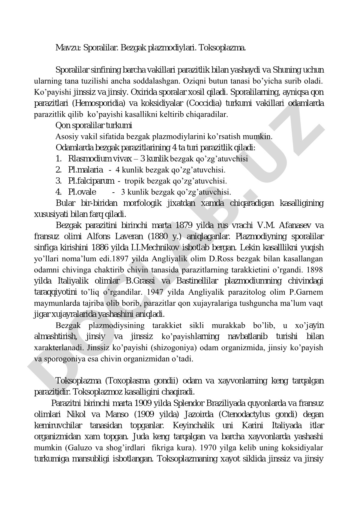 Sporalilar. Bezgak plazmodiylari. Toksoplazma
