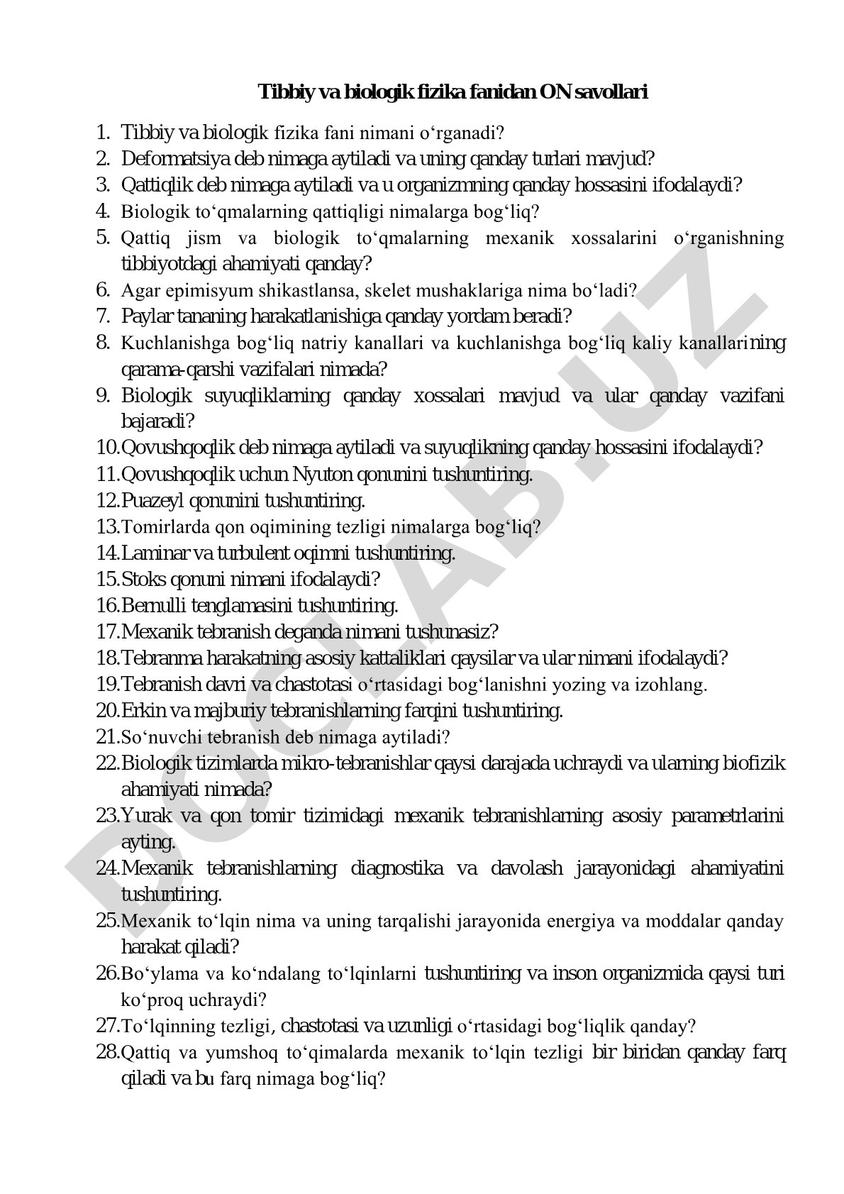 Tibbiy va biologik fizika fanidan ON savollari